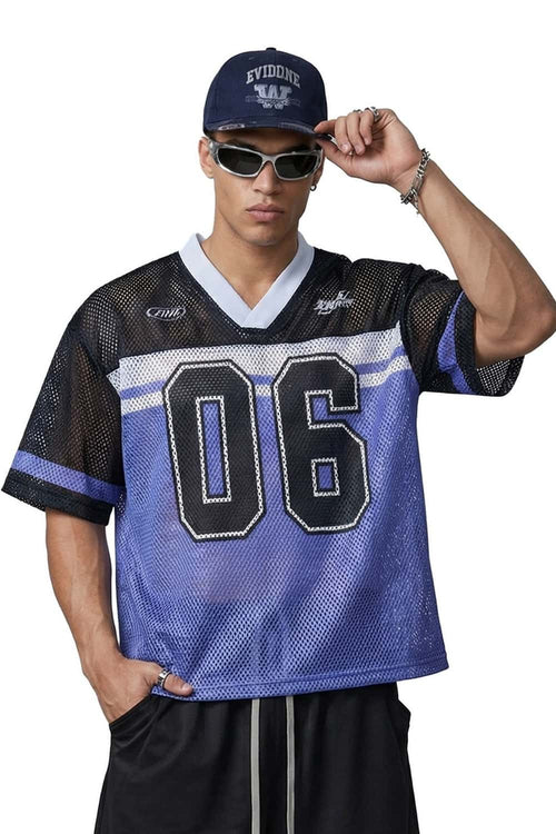 Mesh Number Graphic V-Neck Jersey - Purple