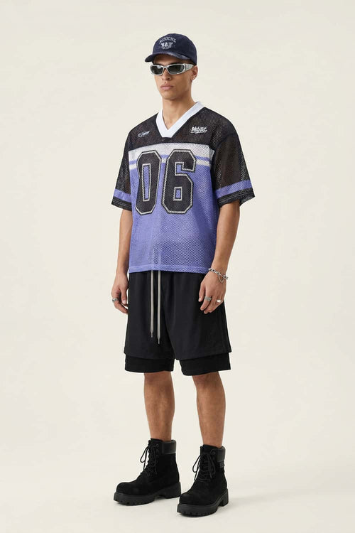 Mesh Number Graphic V-Neck Jersey - Purple