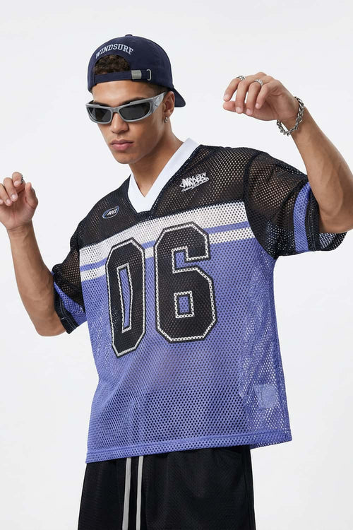 Mesh Number Graphic V-Neck Jersey - Purple