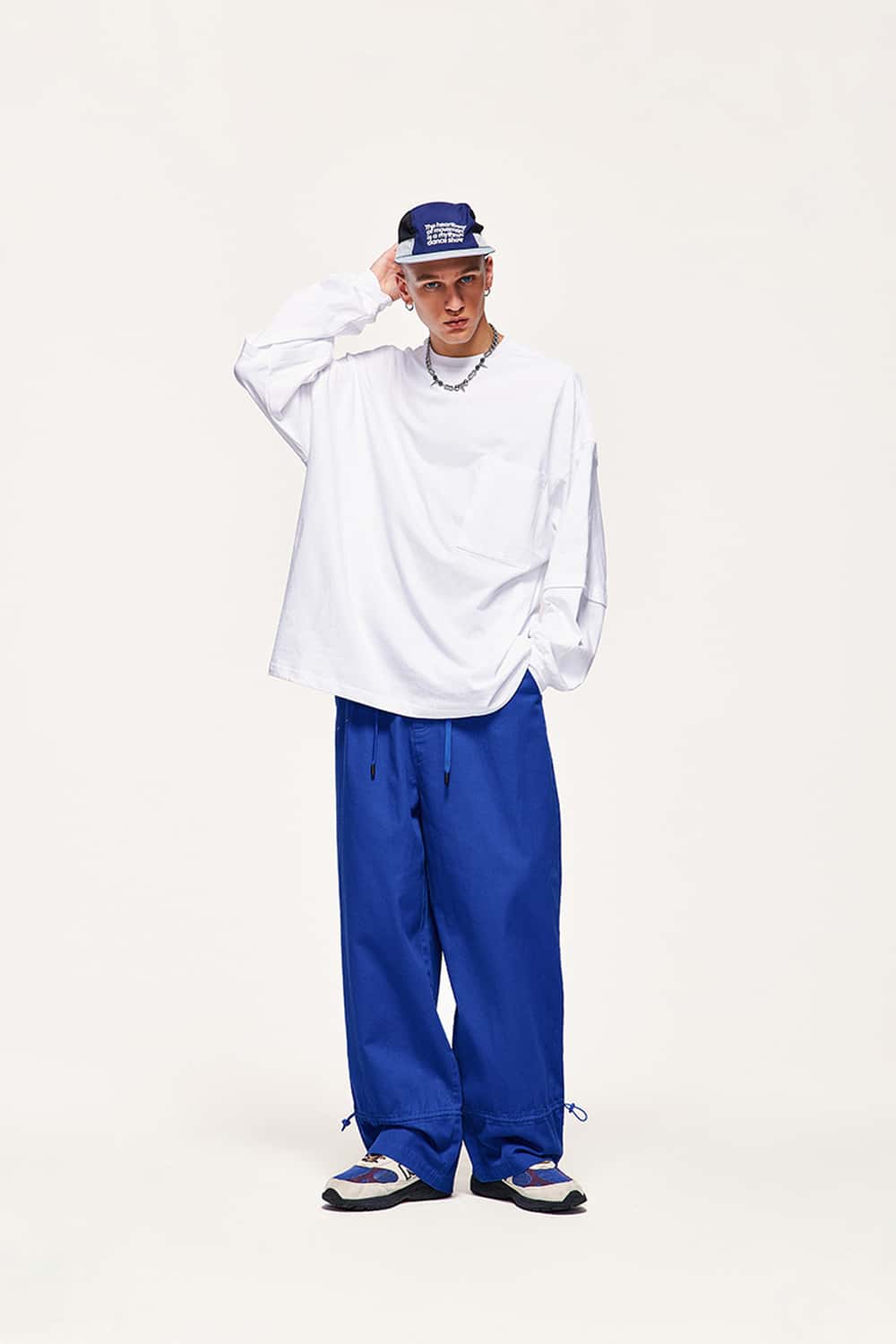 Cotton Twill Drawstring Wide-Leg Pants - Colorful Blue