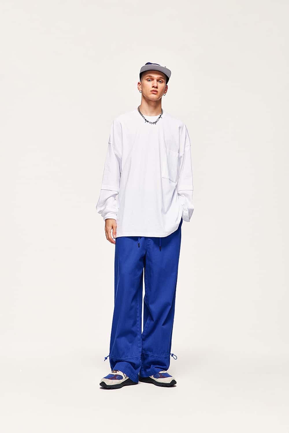Cotton Twill Drawstring Wide-Leg Pants - Colorful Blue