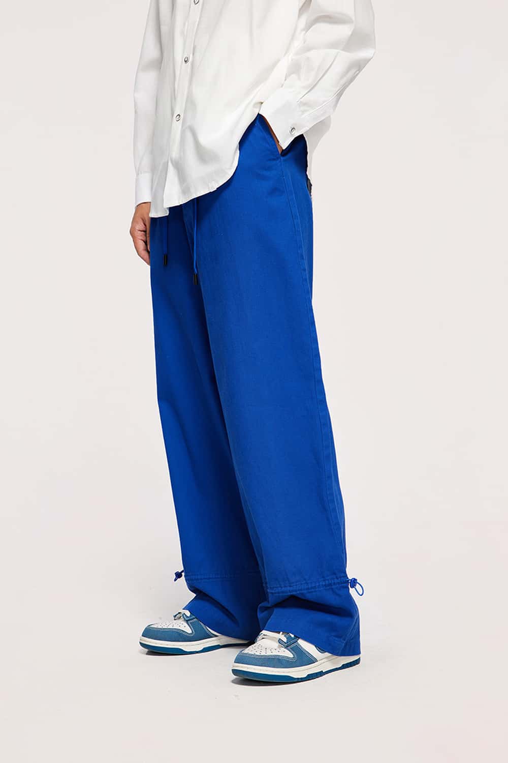 Cotton Twill Drawstring Wide-Leg Pants - Colorful Blue