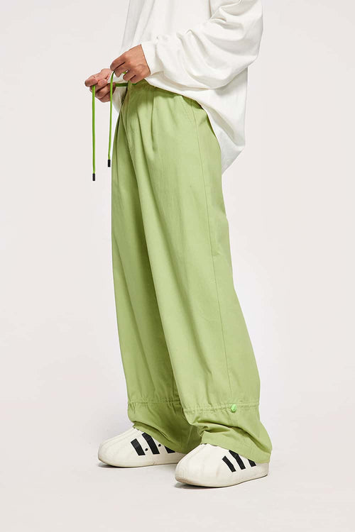 Cotton Twill Drawstring Wide-Leg Pants - Light Green