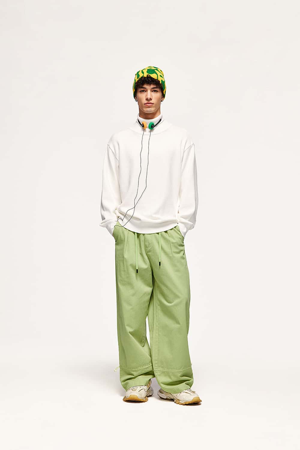 Cotton Twill Drawstring Wide-Leg Pants - Light Green