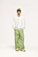 Cotton Twill Drawstring Wide-Leg Pants - Light Green