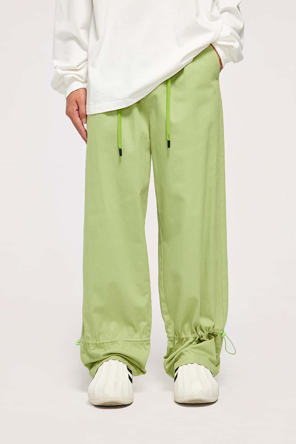 Cotton Twill Drawstring Wide-Leg Pants - Light Green