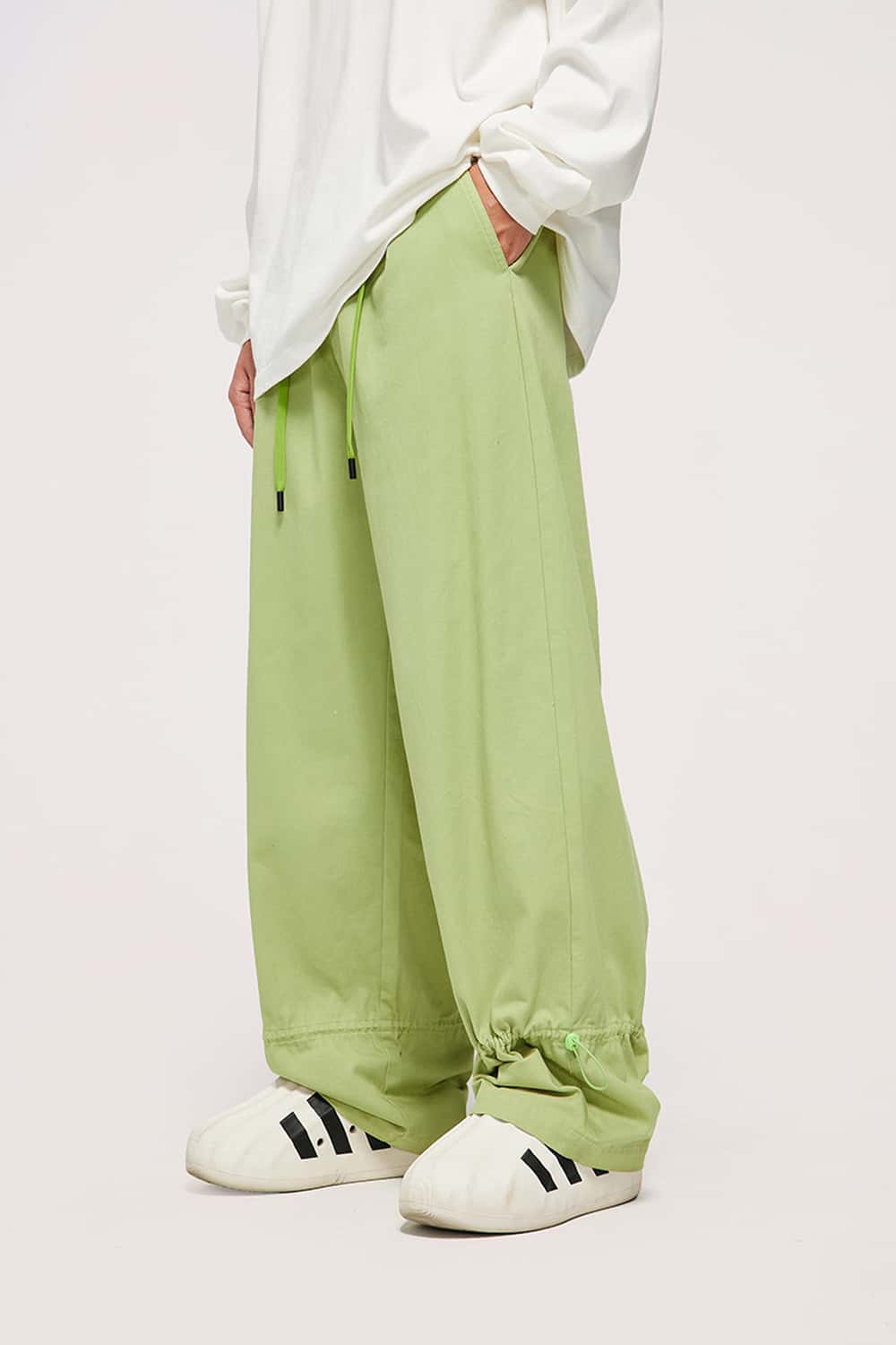 Cotton Twill Drawstring Wide-Leg Pants - Light Green