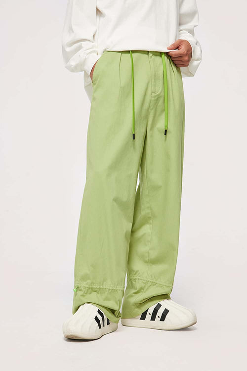 Cotton Twill Drawstring Wide-Leg Pants - Light Green
