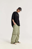 Nylon Contrast-Stitch Cargo Pants - Grayish Green