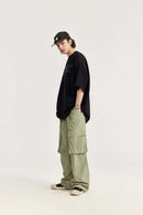Nylon Contrast-Stitch Cargo Pants - Grayish Green