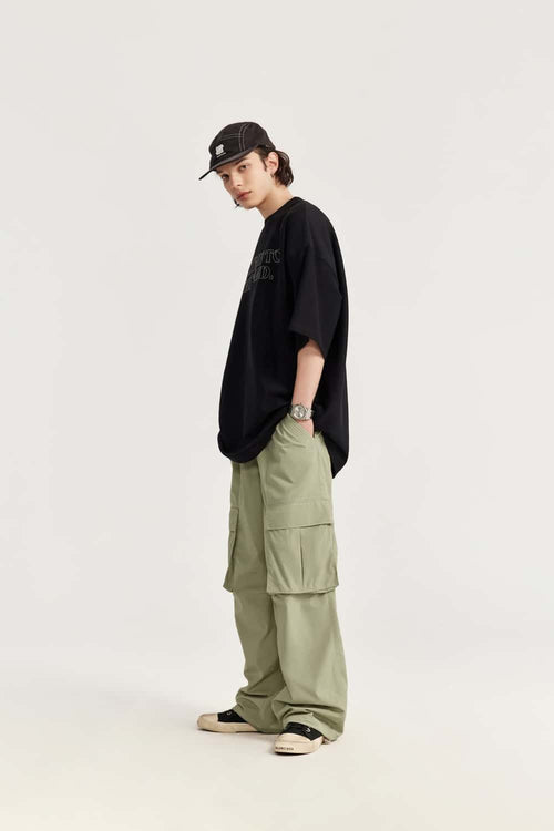 Nylon Contrast-Stitch Cargo Pants - Grayish Green
