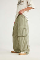 Nylon Contrast-Stitch Cargo Pants - Grayish Green