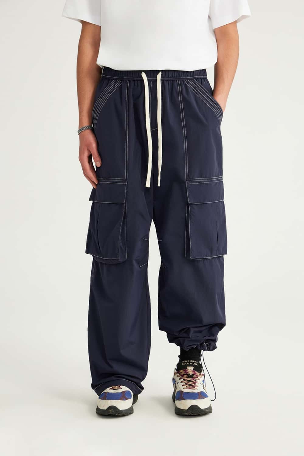 Nylon Contrast-Stitch Cargo Pants - Navy Blue
