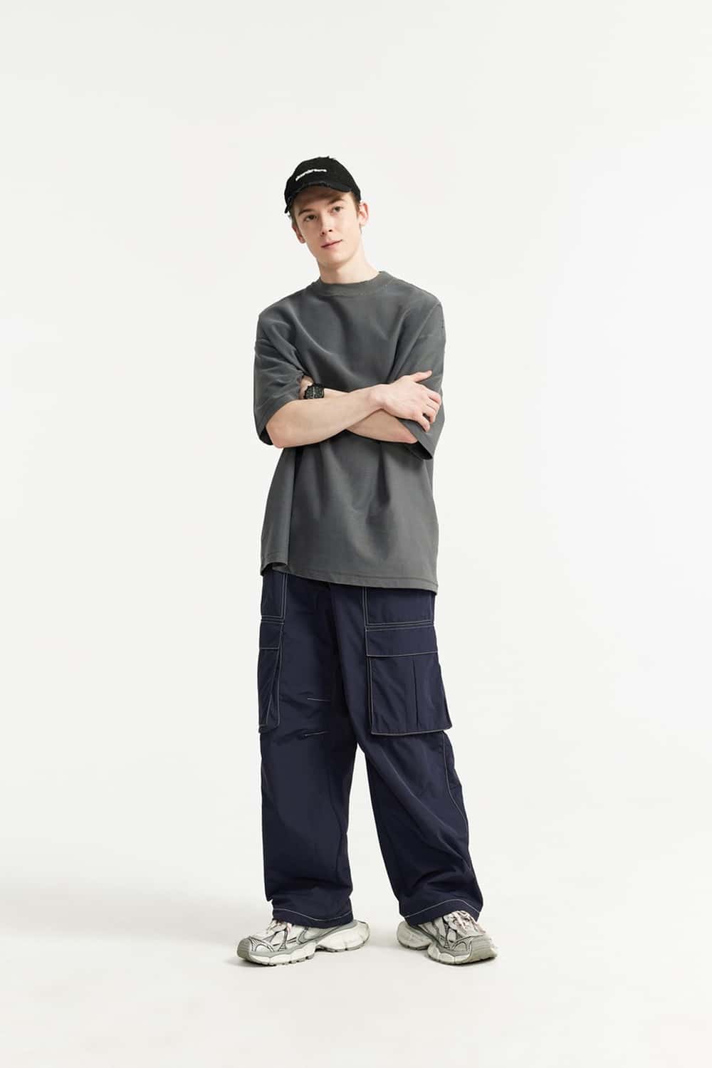 Nylon Contrast-Stitch Cargo Pants - Navy Blue