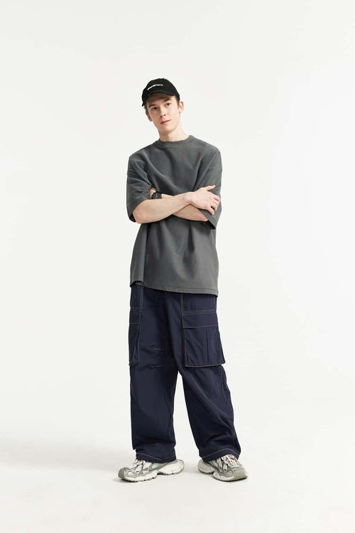 Nylon Contrast-Stitch Cargo Pants - Navy Blue