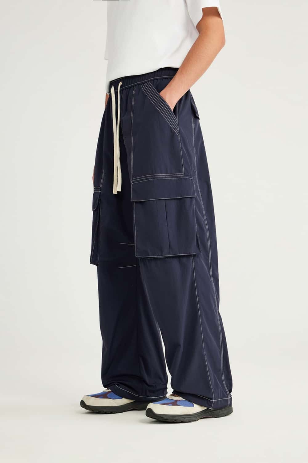 Nylon Contrast-Stitch Cargo Pants - Navy Blue