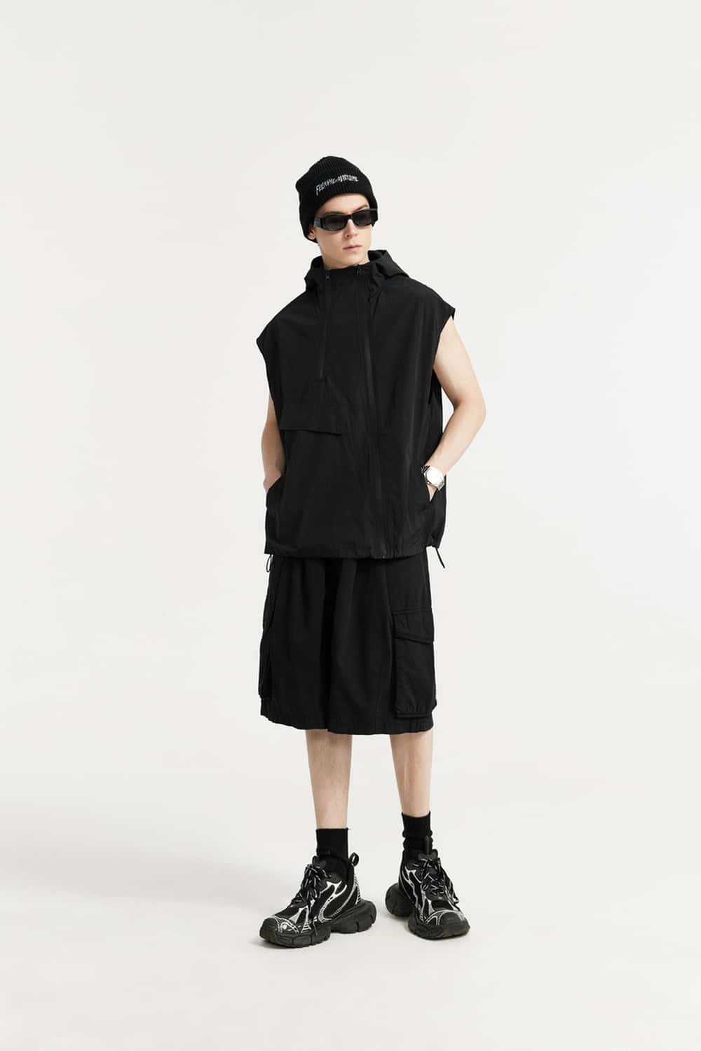 Hooded Nylon Utility Vest - Black