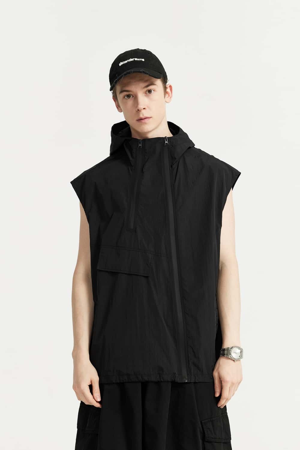 Hooded Nylon Utility Vest - Black