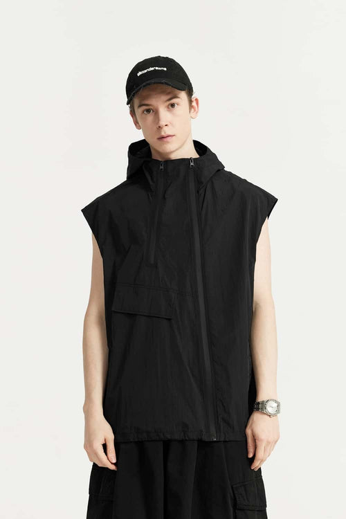 Hooded Nylon Utility Vest - Black