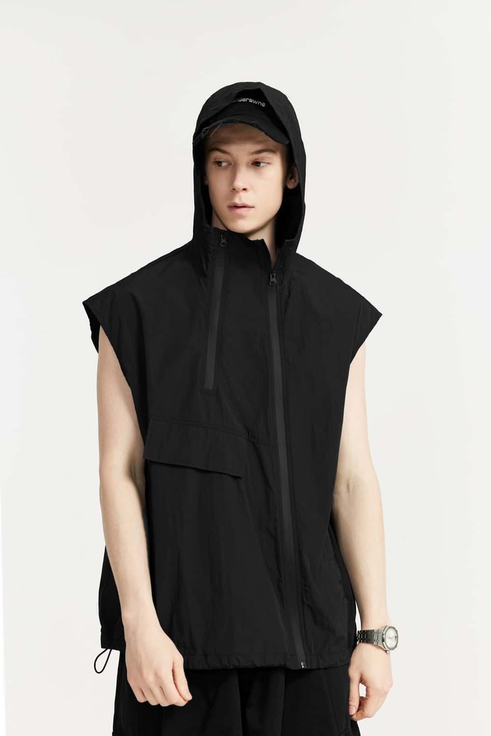Hooded Nylon Utility Vest - Black