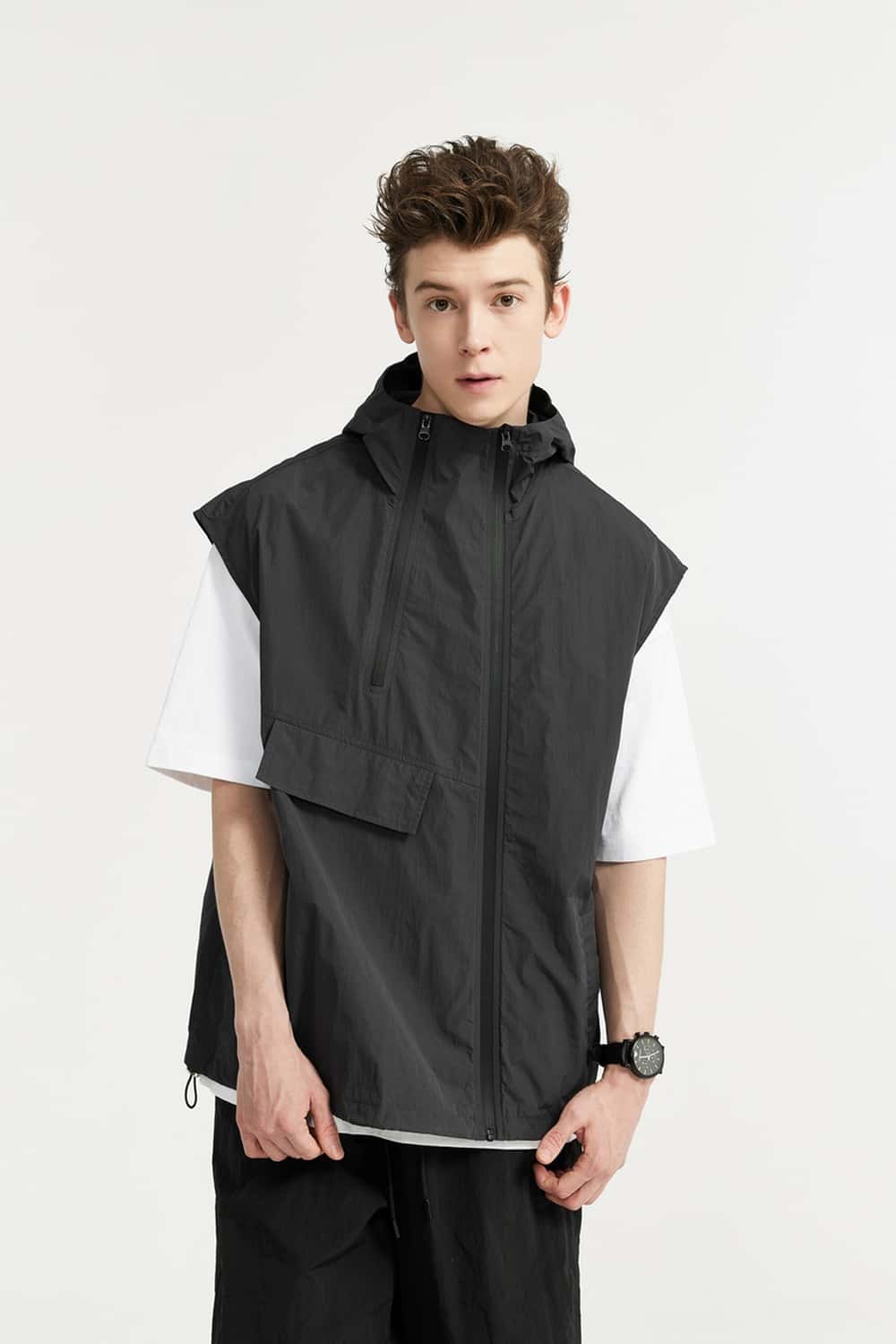 Hooded Nylon Utility Vest - Dark Gray