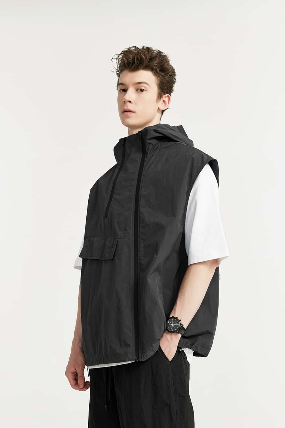 Hooded Nylon Utility Vest - Dark Gray