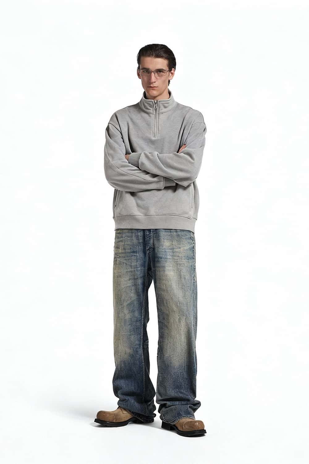 Loose Fit Fleece Half-Zip Sweatshirt - Flower Gray