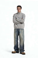 Loose Fit Fleece Half-Zip Sweatshirt - Flower Gray