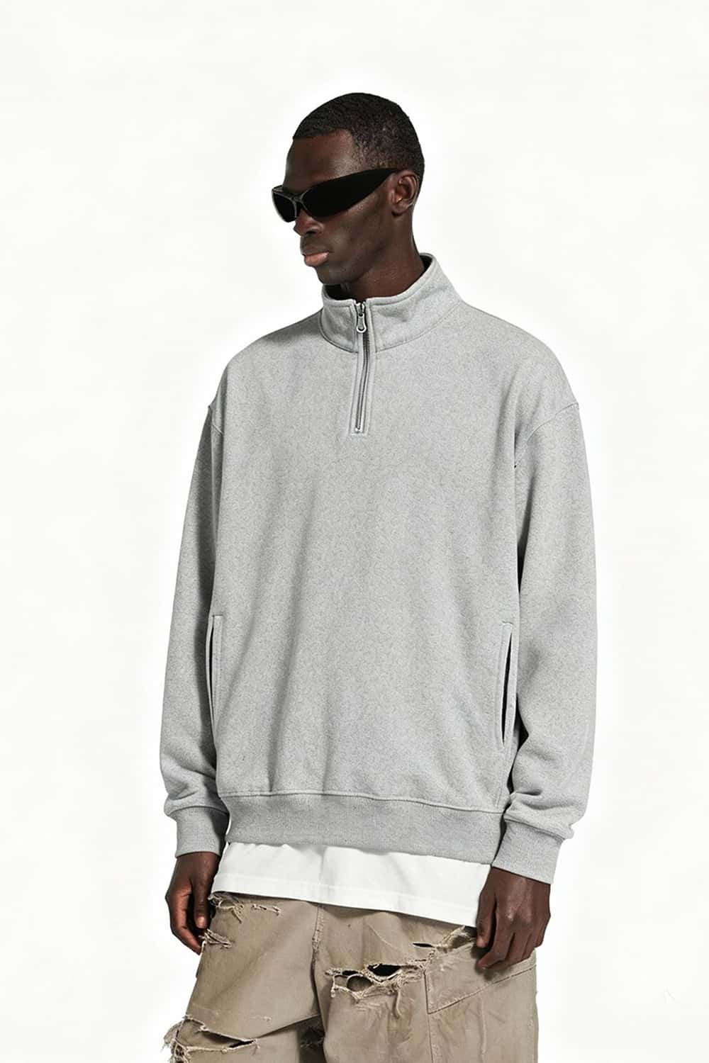 Loose Fit Fleece Half-Zip Sweatshirt - Flower Gray