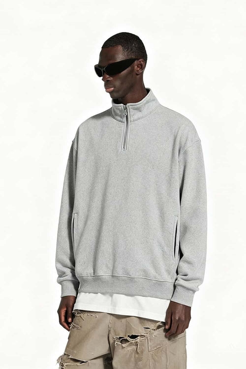 Loose Fit Fleece Half-Zip Sweatshirt - Flower Gray