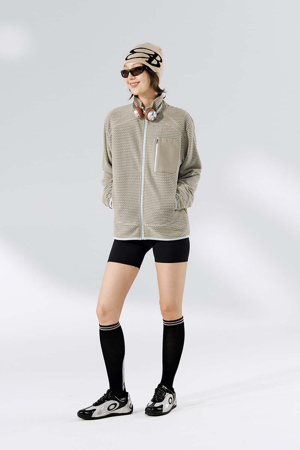 Wavy Textured Zip Jacket - Khaki
