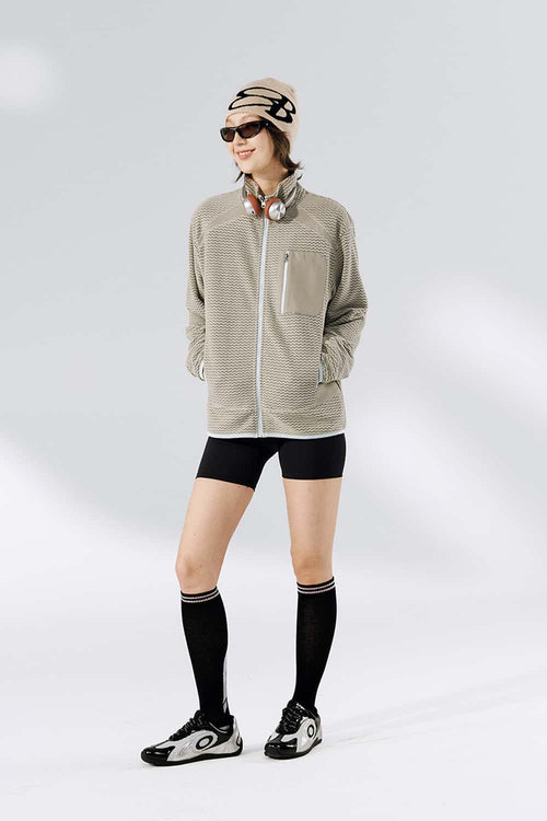 Wavy Textured Zip Jacket - Khaki