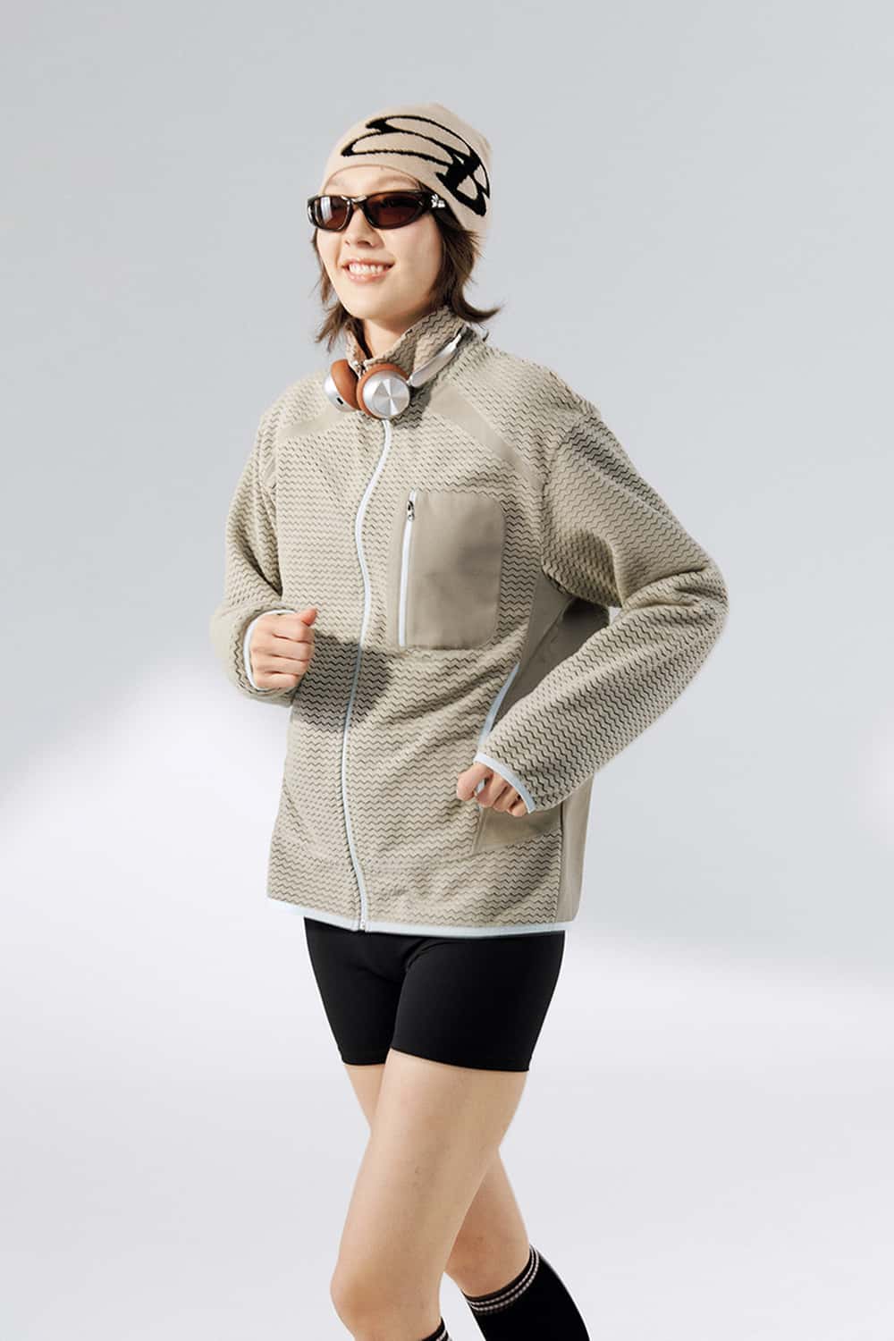 Wavy Textured Zip Jacket - Khaki