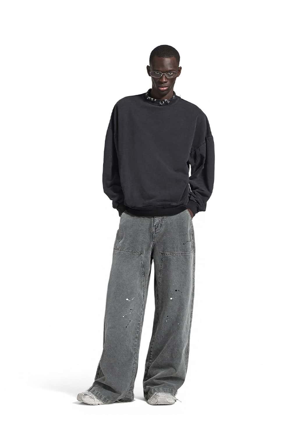 Washed Painter Wide-Leg Utility Pants - Black