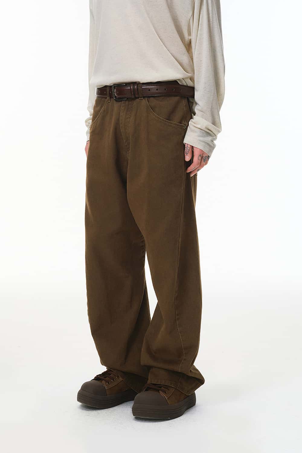 Washed Curved-Leg Utility Pants - Brown