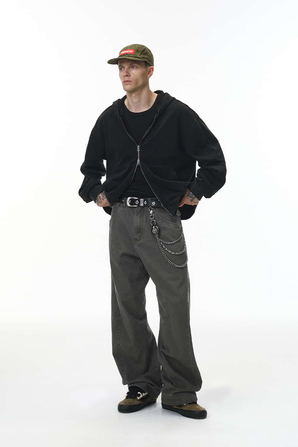 Washed Curved-Leg Utility Pants - Dark Gray