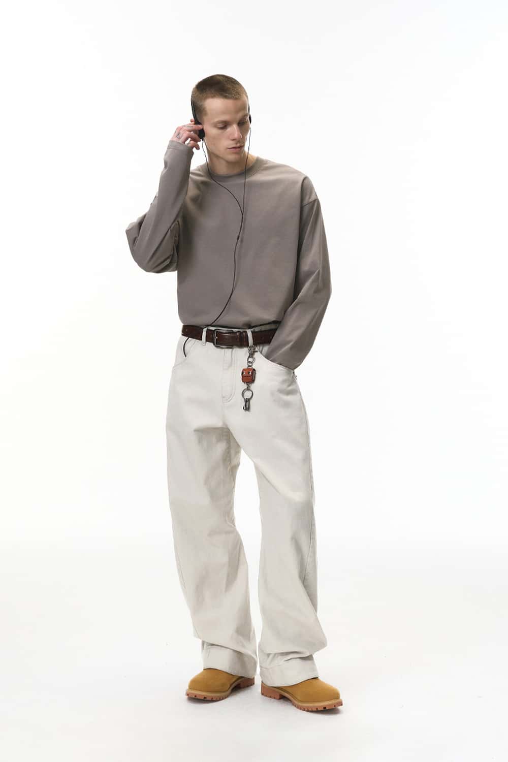 Washed Curved-Leg Utility Pants - Light Gray