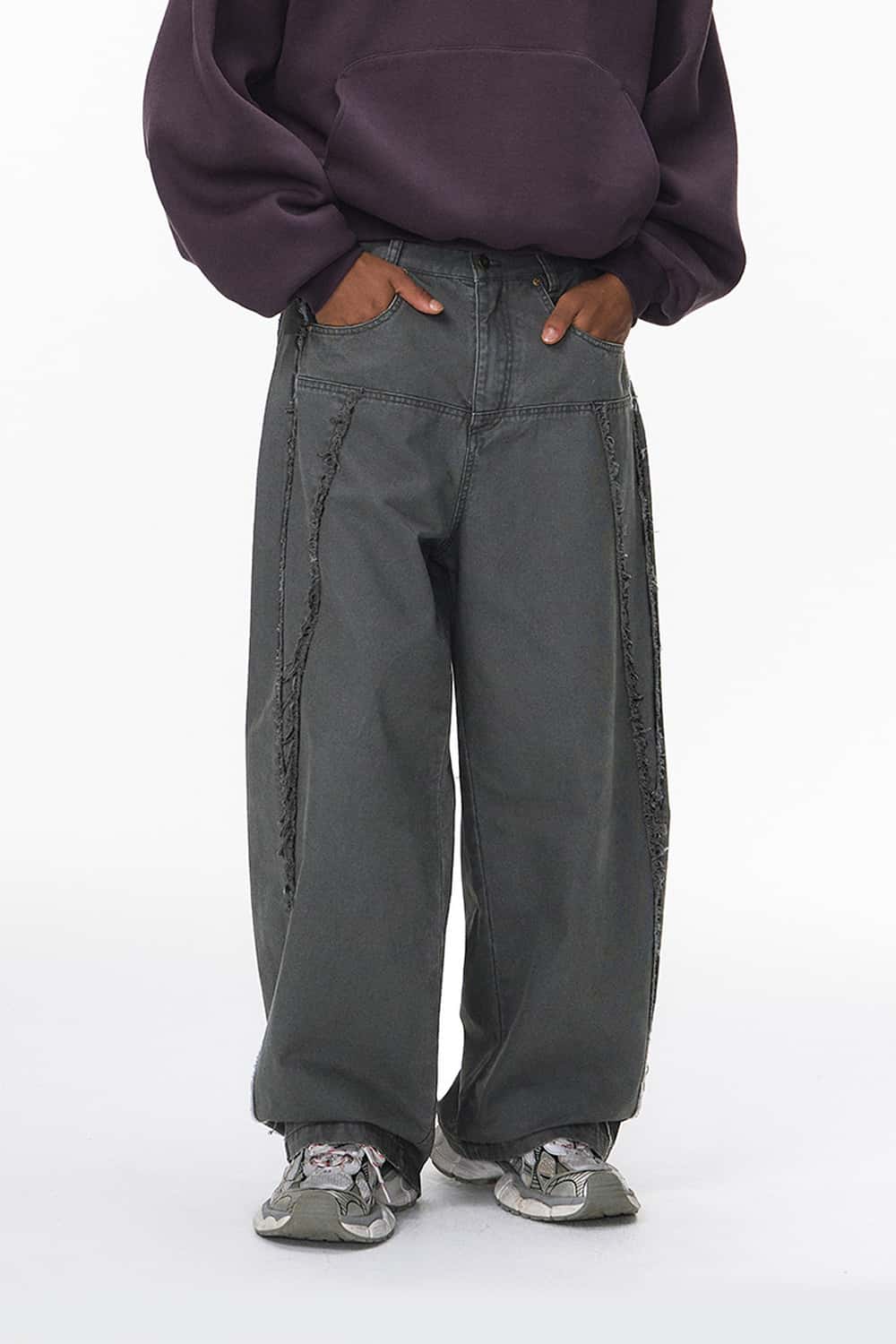 Frayed Washed Wide-Leg Pants - Dark Gray