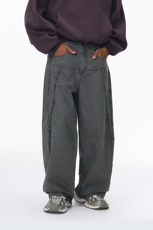 Frayed Washed Wide-Leg Pants - Dark Gray