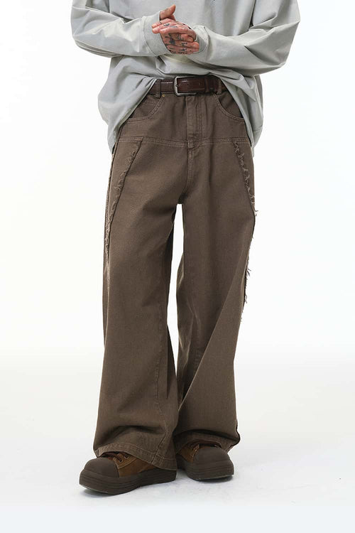 Frayed Washed Wide-Leg Pants - Gray Brown