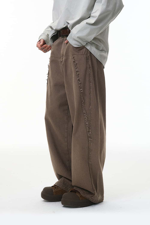 Frayed Washed Wide-Leg Pants - Gray Brown