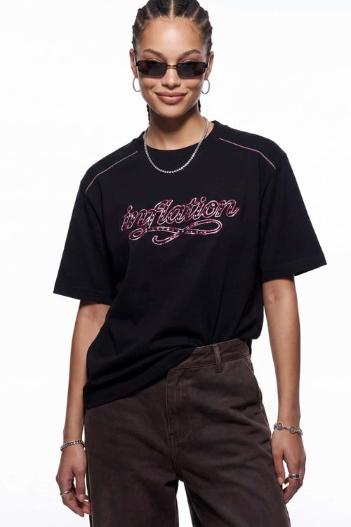 Embroidered Script Contrast T-Shirt - Black
