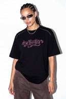 Embroidered Script Contrast T-Shirt - Black