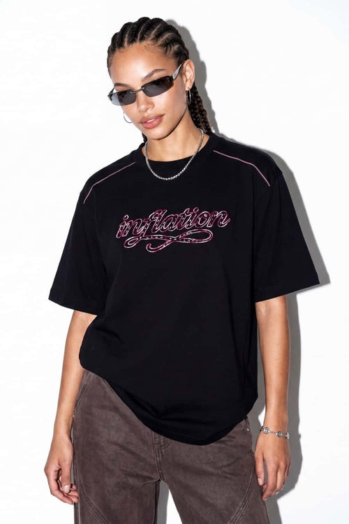 Embroidered Script Contrast T-Shirt - Black