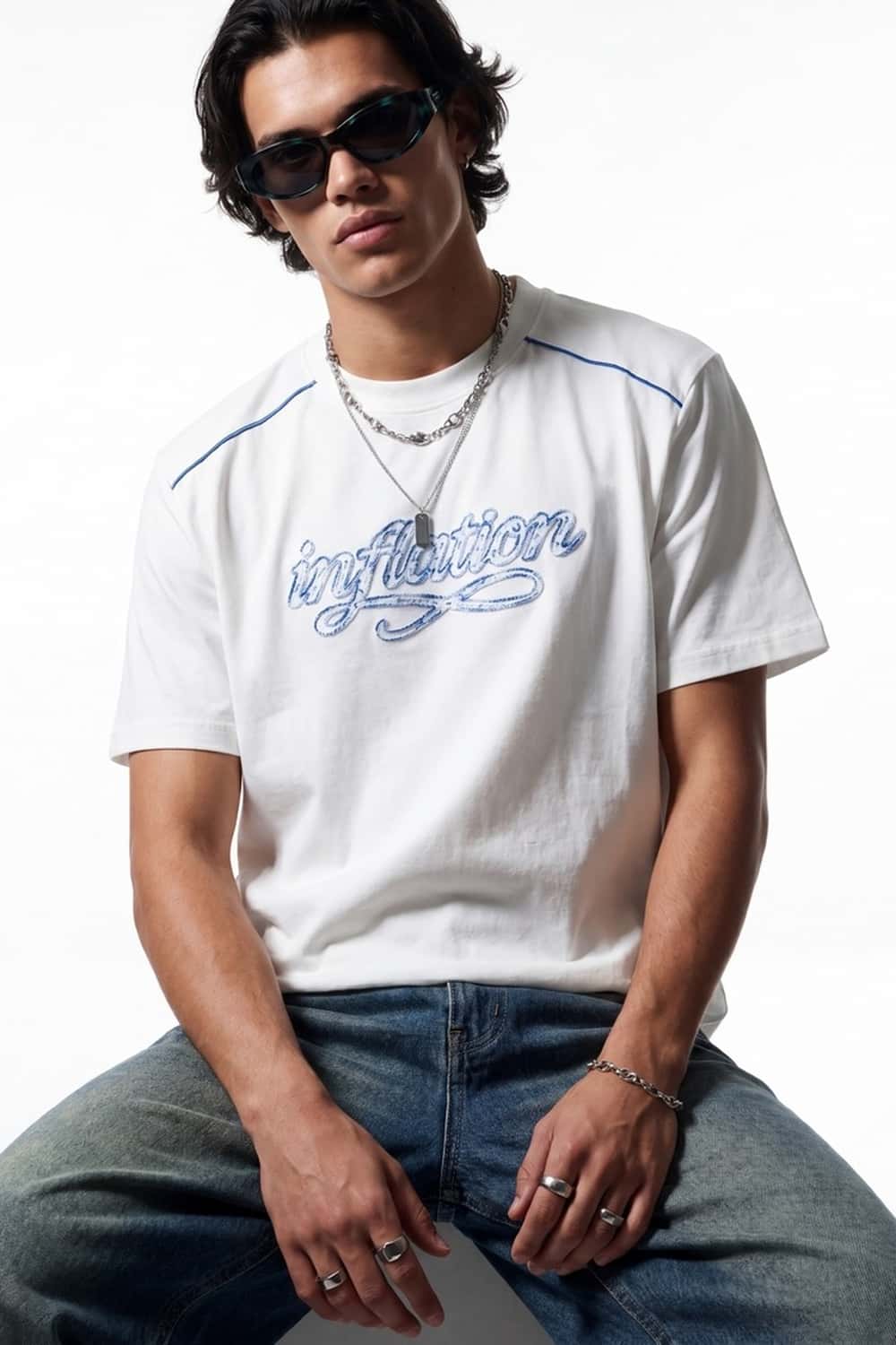 Embroidered Script Contrast T-Shirt - White