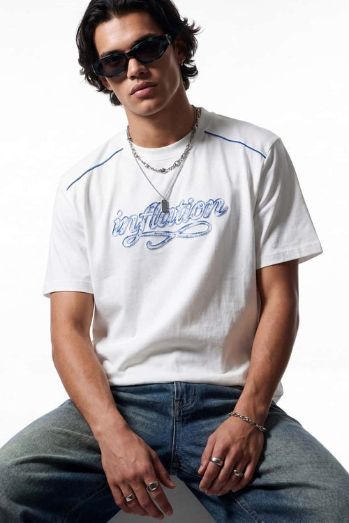 Embroidered Script Contrast T-Shirt - White