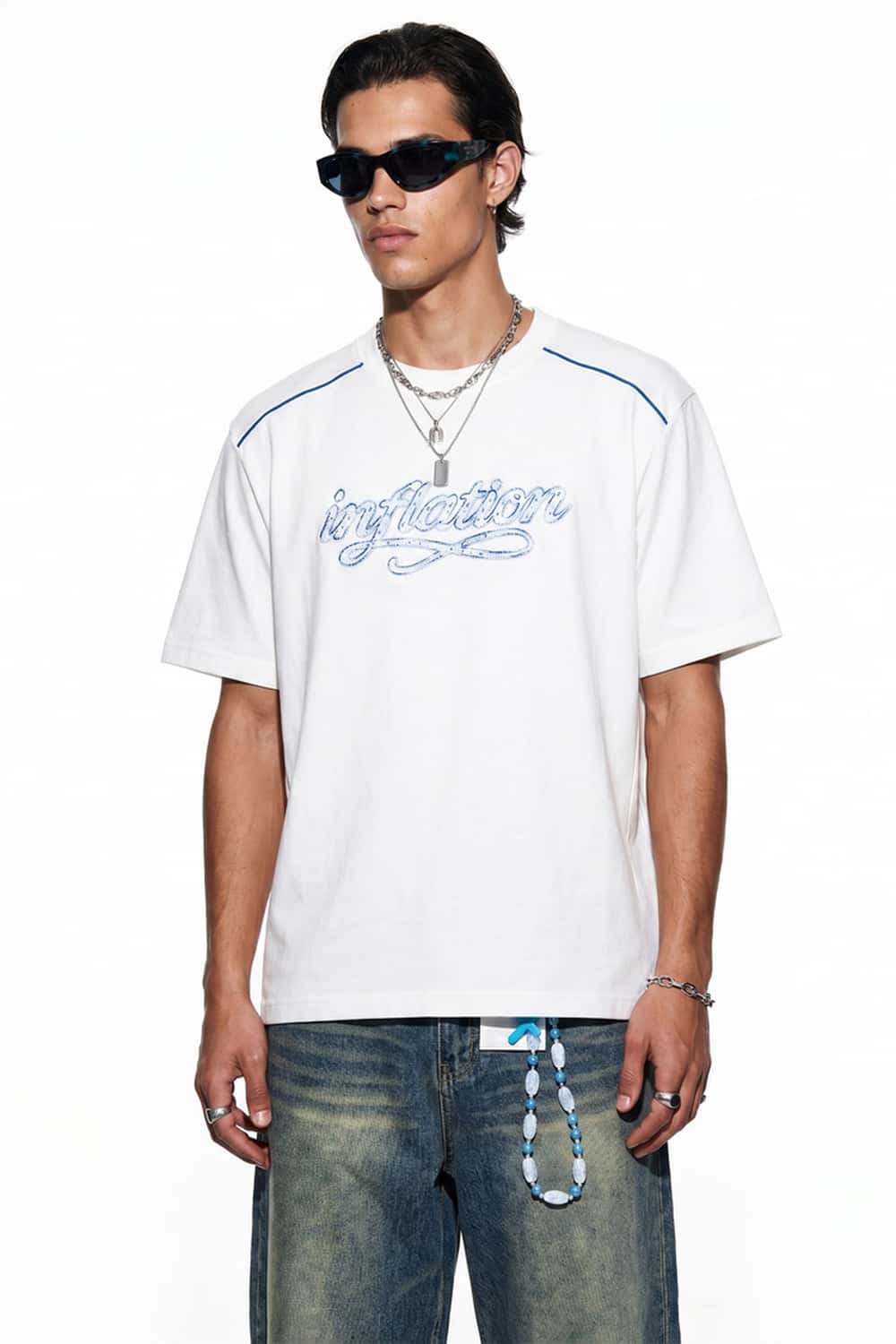 Embroidered Script Contrast T-Shirt - White