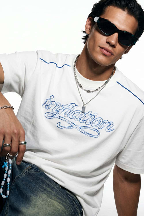 Embroidered Script Contrast T-Shirt - White