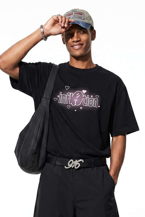 Pixel Graphic Drop-Shoulder T-Shirt - Black