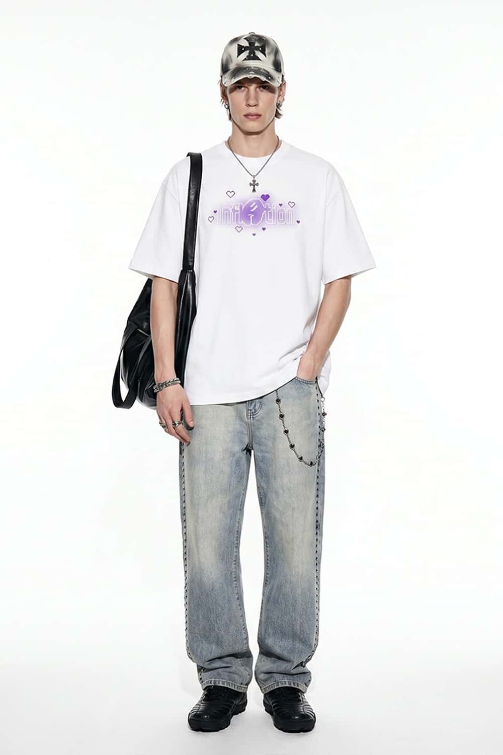 Pixel Graphic Drop-Shoulder T-Shirt - White